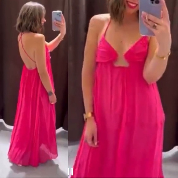 Zara Dresses & Skirts - NWT Zara Hot Pink Chiffon Open Back Flowy Maxi Dress